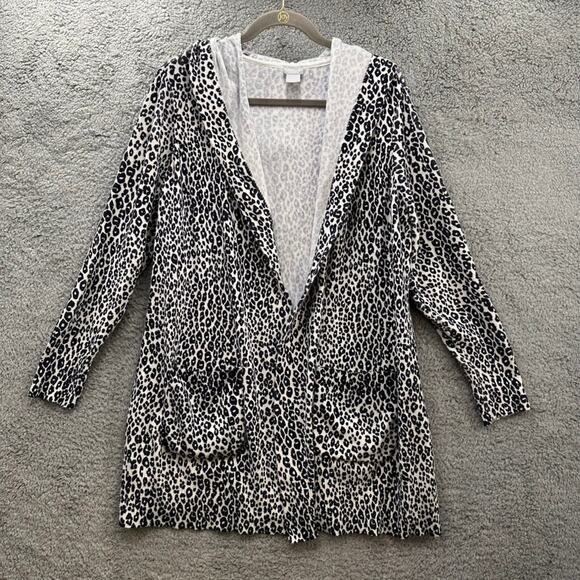 Chico's Size 2 Open Cardigan Black and White Cougar Pattern Hooded Front Pockets - Picture 1 of 9